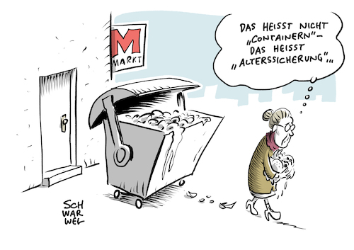 Cartoon: Straffreiheit für Containern (medium) by Schwarwel tagged lebensmittel,müll,straffreiheit,containern,essen,nahrung,arm,armut,rente,rentner,altersarmut,alterssicherung,lebensmittelverschwendung,konsum,konsumstreik,abfall,abfallbehälter,mülltonne,mülleimer,wegwerfverbot,supermarkt,supermärkte,cartoon,karikatur,schwarwel,lebensmittel,müll,straffreiheit,containern,essen,nahrung,arm,armut,rente,rentner,altersarmut,alterssicherung,lebensmittelverschwendung,konsum,konsumstreik,abfall,abfallbehälter,mülltonne,mülleimer,wegwerfverbot,supermarkt,supermärkte,cartoon,karikatur,schwarwel