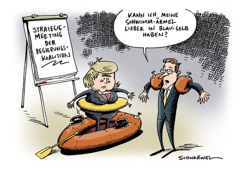 Cartoon: Strategiemeeting Regierung (medium) by Schwarwel tagged strategiemeeting,regierungskoalition,strategie,meeting,regierung,kolaition,angela,merkel,angie,guido,westerwelle,partei,deutschland,republik,krise,boot,schwimmring,schwimmflügel,blau,gelb,cdu,fdp,staat,politik,karikatur,schwarwel,strategiemeeting,regierungskoalition,strategie,meeting,regierung,koalition,angela merkel,guido westerwelle,angela,merkel,guido,westerwelle