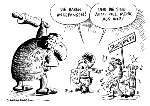 Cartoon: Stuttgart 21 Demonstranten (medium) by Schwarwel tagged stuttgart,21,vorteil,s21,kampf,gegner,milliarde,projekt,polizei,schutz,volksbegehren,landtag,deutschland,streit,regierung,politik,widerstand,bahnhof,umbau,protest,eskalation,räumung,wasserwerfer,gewalt,parkschützer,demonstration,unterschriftensammlung,kar,kommunikation,problem,s21,stuttgart 21,bahn,projekt,hauptbahnhof,südflügel,stuttgart,polizei,demonstration,wasserwerfer,tränengas,schuld,wasserpistole,gewalt,protest,21