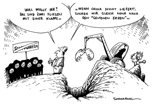 Cartoon: Stuttgart 21 und Seltene Erden (medium) by Schwarwel tagged stuttgart,21,erde,selten,karikatur,schwarwel,china,bagger,kran,natur,zerstörung,umwelt,stuttgart 21,erde,zerstörung,umwelt,bagger,china,stuttgart,21