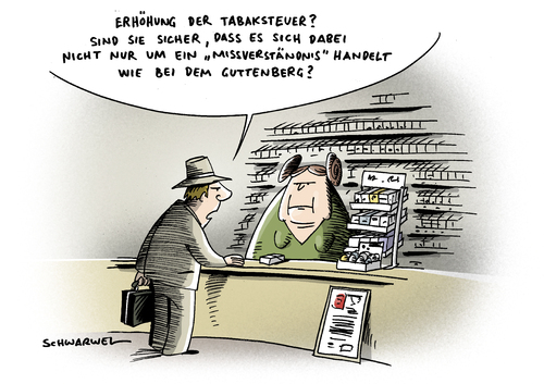 Cartoon: Tabaksteuer-Missverständnis (medium) by Schwarwel tagged tabak,zigaretten,tabaksteuer,steuer,erhöhung,geld,finanzen,guttenberg,missverständnis,karikatur,schwarwel,tabak,zigaretten,tabaksteuer,steuer,erhöhung,geld,finanzen,guttenberg,missverständnis