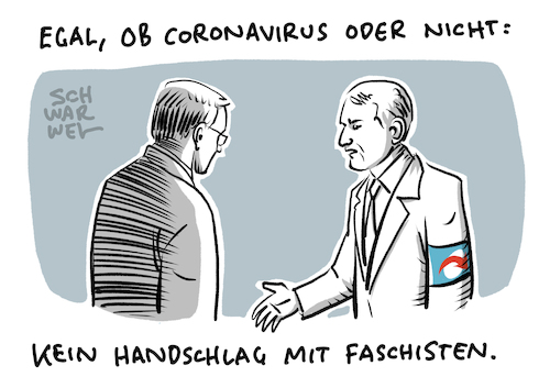 Cartoon: Thüringen MPWahl Ramelow Höcke (medium) by Schwarwel tagged thüringen,mpwahl,ministerpräsidentenwahl,kemmerich,höcke,ramelow,handschlag,faschisten,faschismus,blumenstrauß,rechtsextremisten,rechtsextremismus,rassisten,rassismus,rechtsterrorismus,hass,hetze,todeslisten,lübcke,brandstifter,landtag,ministerpräsident,mohrung,cdu,fdp,lindner,cartoon,karikatur,schwarwel,rechter,terror,afd,alternative,für,deutschland,thüringen,mpwahl,ministerpräsidentenwahl,kemmerich,höcke,ramelow,handschlag,faschisten,faschismus,blumenstrauß,rechtsextremisten,rechtsextremismus,rassisten,rassismus,rechtsterrorismus,hass,hetze,todeslisten,lübcke,brandstifter,landtag,ministerpräsident,mohrung,cdu,fdp,lindner,cartoon,karikatur,schwarwel,rechter,terror,afd,alternative,für,deutschland