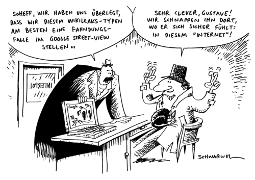 Cartoon: Wikileaks-Gründer von Interpol (medium) by Schwarwel tagged wikileaks,gründer,chef,inhaber,interpol,fahndung,karikatur,schwarwel,assange,polizei,interpol,polizei,usa,wikileaks