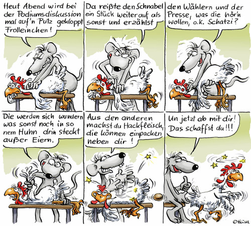 Cartoon: Die Amtsanwärterin (medium) by Ratte Ludwig tagged ratte,ludwig,huhn,gerda,massage,podiumsdiskusssion