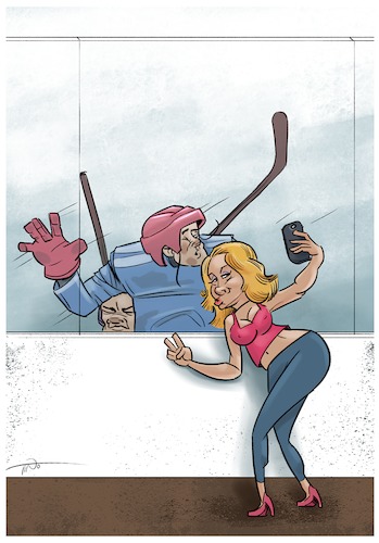 Cartoon: Forced Selfie (medium) by tinotoons tagged ice,hockey,selfie,mobile,photo,fan,sexi,woman,tino,tinotoons,cartoon