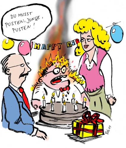 Cartoon: Pusten (medium) by bob tagged geburtstag,geburtstagskuchen,torte,kerzen,brennt,flammen,feuer,pusten,bob,hack