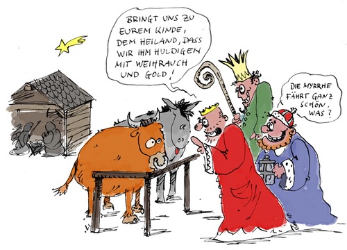 Cartoon: Weihnachtsgeschichte 2 (medium) by bob tagged weihnachten,krippe,heilige,familie,josef,maria,jesus,christus,christi,geburt,betlehem,könige,ochse,esel,weihrauch,gold,myrrhe
