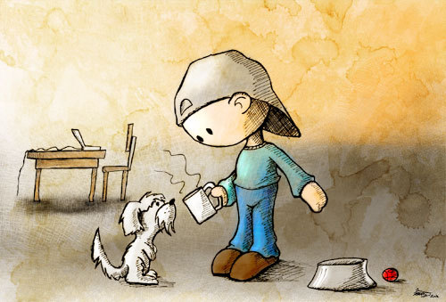 Cartoon: Spandoh with his dog (medium) by hellgolem tagged eat,people,dog,cute,character,cartoon,illustration,spandoh,comic