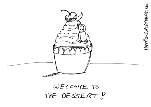 Cartoon: Dessert (medium) by Matti tagged dessert,wüste,nachtisch,hunger,lecker,schlaraffenland,überfluss,zucker,kirsche,sahne,matti,mattis,supermarkt,ernährung