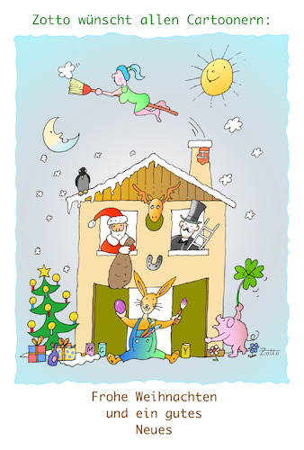 Cartoon: Frohe Festtage (medium) by Zotto tagged tannenbaum,kerzen,glaskugeln,krippe,geschenke