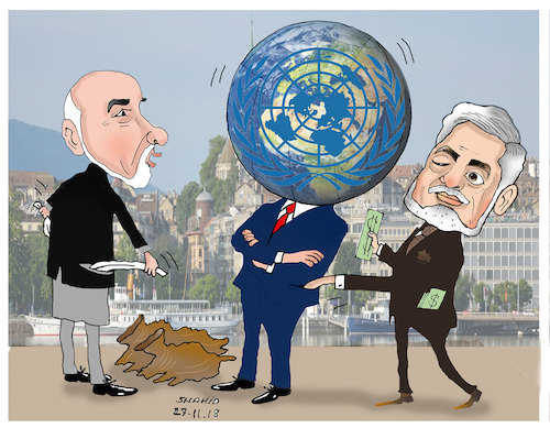 Cartoon: Afghan - UN talks in Geneve ! (medium) by Shahid Atiq tagged afghanistan,balkh,helmand,kabul,london,nangarhar,and,ghor,attack