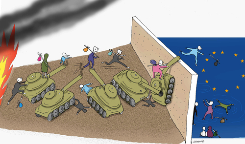 Cartoon: Escape to live in Peace (medium) by Shahid Atiq tagged geneva,afghanistan,kabul,syria,iraq,iran,switzerlsnd