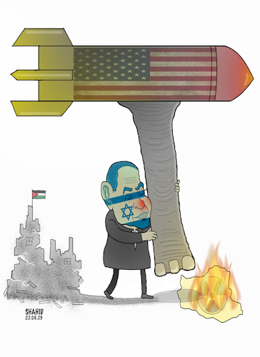 Cartoon: Pulling an elephant leg! (medium) by Shahid Atiq tagged iran
