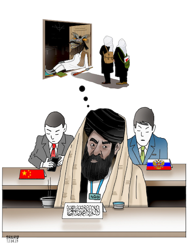 Cartoon: Taliban in Int. conferences! (medium) by Shahid Atiq tagged afghanistan