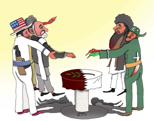 Cartoon: Taliban in Qatar (medium) by Shahid Atiq tagged afghanistan,kabul,qatar,taliban,terrorism,mazar