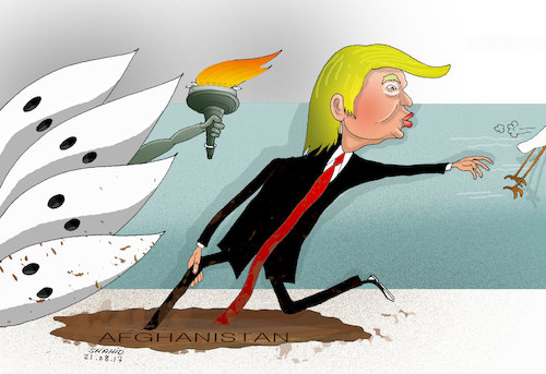 Cartoon: Trump Strategy in Afghanistan! (medium) by Shahid Atiq tagged afghanistan,balkh,helmand,kabul,london,nangarhar,and,ghor,attack