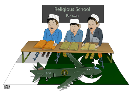 Cartoon: US  Establishing  military base (medium) by Shahid Atiq tagged pakistan