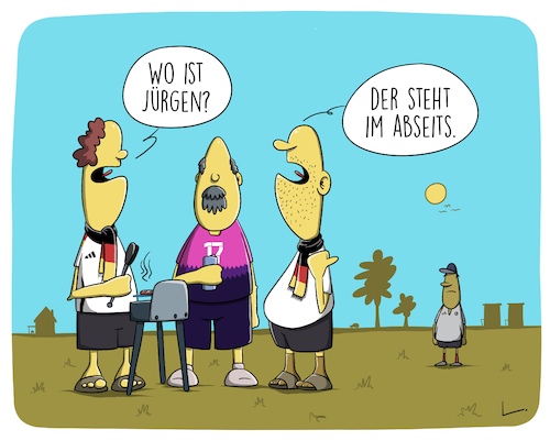 Cartoon: Abseits (medium) by SCHÖN BLÖD tagged abseits,fussball,grillen,wurst,freunde,deutschland,fan,abseits,fussball,grillen,wurst,freunde,deutschland,fan