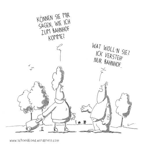 Cartoon: Bahnhof (medium) by SCHÖN BLÖD tagged schön,blöd,schoen,bloed,thomas,luft,cartoon,humor,comic,spaß,lustig,freude,lachen,comedy,lacher,brüller,zeichnung,sprechblase,karikatur,bahnhof,unkenntnis,mann,frau,keine,ahnung,rollie,koffer,weg,wegbeschreibung