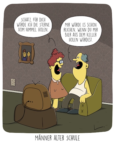 Cartoon: Himmel (medium) by SCHÖN BLÖD tagged himmel,keller,liebe,couch,sofa,fernseher,tv,wohnzimmer,bier,ehepaar,himmel,keller,liebe,couch,sofa,fernseher,tv,wohnzimmer,bier,ehepaar