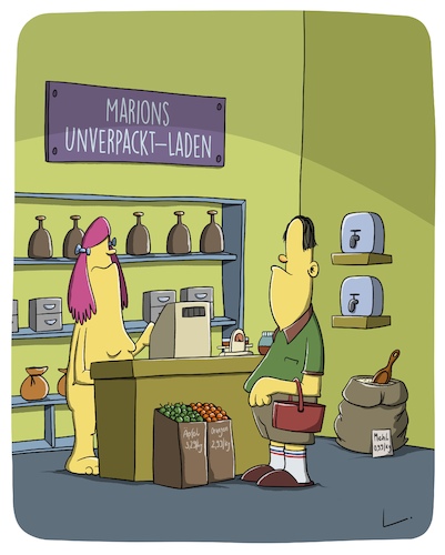 Cartoon: Unverpackt (medium) by SCHÖN BLÖD tagged thomas,luft,cartoon,unverpackt,laden,geschäft,shop,lebensmittel,nackt,frau,mann,unverpacktladen,thomas,luft,cartoon,unverpackt,laden,geschäft,shop,lebensmittel,nackt,frau,mann,unverpacktladen