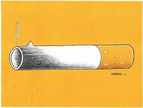 Cartoon: Cigarette (medium) by ercan baysal tagged sickness,death,yellow,ercanbaysal,logo,poison,cigarette,baysal,and,weapon,art