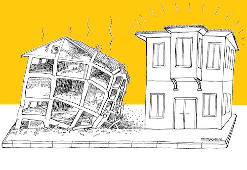 Cartoon: earthquake (medium) by ercan baysal tagged earthquake,house,apartment,quake,city