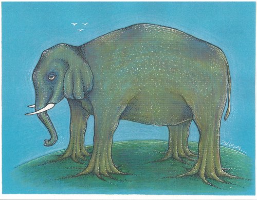 Cartoon: elephant (medium) by ercan baysal tagged elephant,foot,root,tree,ercan,animals,animal,tiere,baysal,satire,art,illustration,blue,cartoon