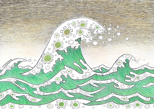 Cartoon: sea and virüs-1 (medium) by ercan baysal tagged sea,covit19,virus,pandemi,nurse,medicine,ercanbaysal,doctor,vaccine,physician,wave