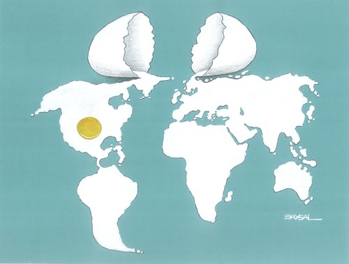 Cartoon: The formation of the World (medium) by ercan baysal tagged the,egg,europe,asia,america,africa,world,yellow,usa,white,geography,dünya,map,turquie,humour,workcartoon,absurd,artwork,work,art,handmade,blue,turkey,türkiye,ercanbaysal