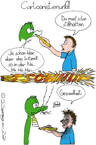 Cartoon: Cartoonistenunfall (medium) by chaosartwork tagged cartoonist,drache,feuer,speien,gesundheit,niesen,kitzeln,nase,schnauze,verbrannt,verbrennen,flammen,unfall,selbst,porträt,portrait,zeichnen,gezeichnet