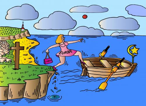 Cartoon: Europe and Boat (medium) by Alexei Talimonov tagged europe,islam,