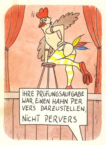 Cartoon: per vers (medium) by Peter Thulke tagged prüfung,pervers,perversion,darstellung,theater,probe,aufführung,prüfung,schauspieler