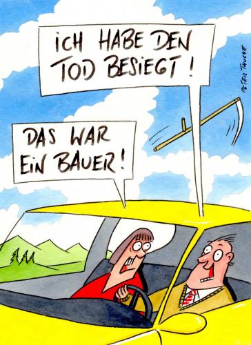 Cartoon: tod besiegt (medium) by Peter Thulke tagged tod,auto,unfall,tod,sterben,risiko,unfall,autounfall,auto,autobahn,verkehr,automobil,fahren,fahrer,beifahrer,jenseits,bauer,landwirtschaft,besiegen,überleben,glück,töten,überfahren,anfahren,sensenmann,schnitter,sense,gerät,arbeitsgerät,sieg,triumph,wettbewerb,wettkampf,leben,sterblichkeit,unglück,gewinner,verlierer,verkehrsopfer,verkehrsunfall,opfer,täter,missverständnis,mord