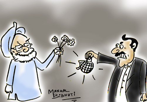 Cartoon: India-pakistan relation (medium) by mangalbibhuti tagged india,pak,manmohan,jardari,mangal,bibhuti,mangalbibhuti
