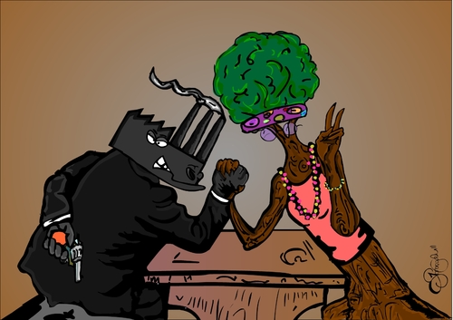 Cartoon: a continous battle (medium) by duygu saracoglu tagged victory,gun,fraud,rhinoceros,factory,hippie,mother,nature