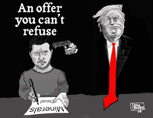 Cartoon: An offer you cant refuse (medium) by jean gouders cartoons tagged trump,zelensky,minerals,deal,trump,zelensky,minerals,deal