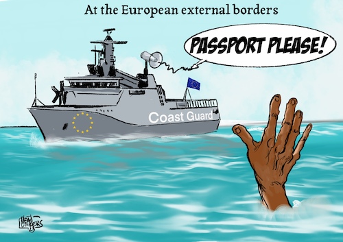 Cartoon: At the external European borders (medium) by jean gouders cartoons tagged refugees,boats,mediterranean,drowning,refugees,boats,mediterranean,drowning