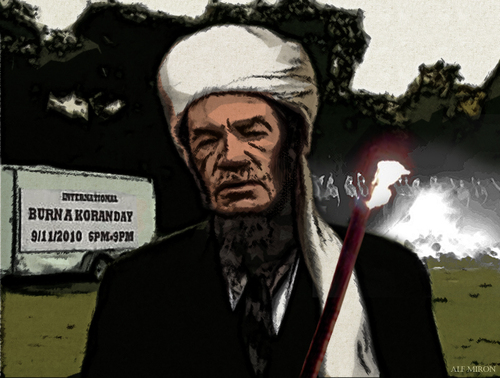 Cartoon: I am the valet of Osama! (medium) by Alf Miron tagged terry,jones,quran,burning,muslims,evangelical,christians,religious,fanatism,al,quaida
