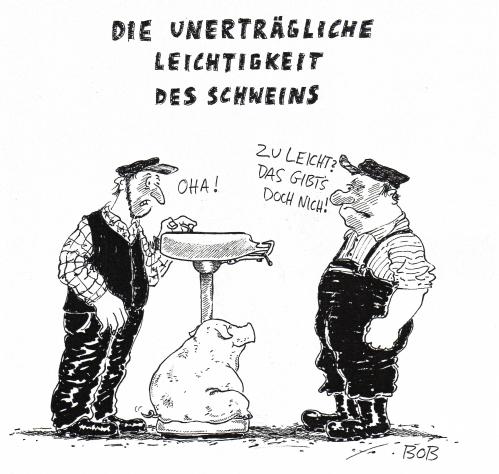 Cartoon: Die unerträgliche Leichtigkeit (medium) by Christian BOB Born tagged schwein,sein,leben,,mesten,schwein,tier,tiere,fleisch,essen,nahrung,lebensmittel,landwirtschaft,metzger,schlachthof,schlachter,schlachten,gewicht,kilo,leicht,dick,fett,waage,abwiegen