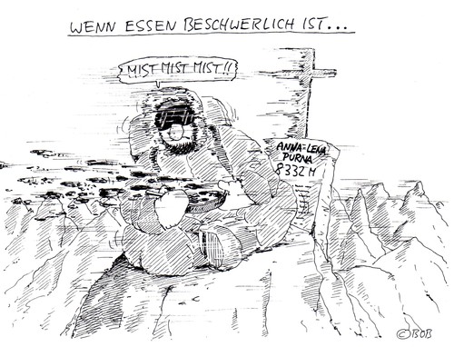 Cartoon: Gipfelglück (medium) by Christian BOB Born tagged bergsteigen,hunger,eis,kälte,gipfel,essen,bergsteigen,hunger,eis,kälte,essen,gipfel,narhung,verhungern,glück,berg