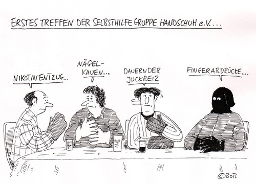 Cartoon: HSV (medium) by Christian BOB Born tagged finger,hände,handschuhe,fingernägel,nervosität,selbsthilfe,gruppe,männer,verein,juckreiz,nägelkauen