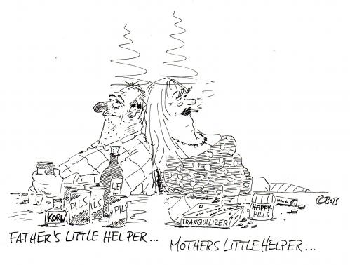 Cartoon: Kleine Helfer (medium) by Christian BOB Born tagged sucht,eltern,alkohol,tabletten,familie,eltern,mutter,vater,mann,frau,beziehung,partnerschaft,ehe,ehepaar,sucht,süchtig,abhängigkeit,abhängig,abhängiger,suchtverhalten,droge,rausch,alkoholiker,alkohol,missbrauch,medikamentenmissbrauch,tablettensucht,tabletten,medikamente,gesundheit,bier,korn,kranheit,vorbild,verantwortung,leben