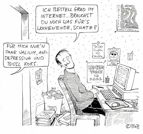 Cartoon: o.T. (medium) by Christian BOB Born tagged drogen,bestellung,internet,valium,koks,wochenende,cartoon,computer,pc,rechner,internet,www,online,koks,medikamente,medizin,droge,drogen,missbrauch,drogenmissbrauch,valium,apotheke,zugang,gefahr,gesundheit,konsum,konsumenten,konsumgesellschaft,kaufen,handel,verkauf