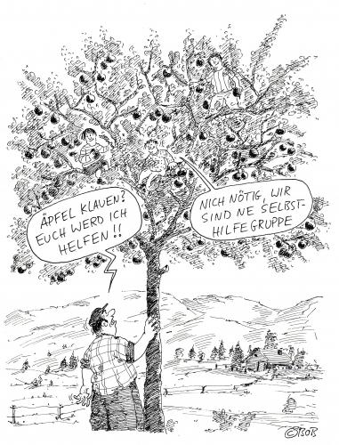 Cartoon: Selbsthilfegruppe (medium) by Christian BOB Born tagged äpfel,klauen,,selbsthilfegruppe,hilfe,therapie,selbsthilfe,räuber,dieb,raub,klauen,stehlen,diebsthal,überfall,verbrechen,kriminalität,eigentum,apfelbaum,obst,äpfel,erwischt,kinder,jugend,jugendliche,abenteuer,streich