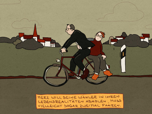 Cartoon: Abholservice (medium) by hollers tagged merz,wähler,abholen,wählerschwund,rückhalt,kanzler,fahrrad,merz,wähler,abholen,wählerschwund,rückhalt,kanzler,fahrrad