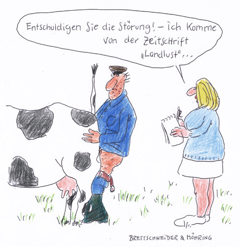 Cartoon: landmann (medium) by brettschneider und möhring tagged bauer,landwirt,sodomie,kuh,journalistin,zeitschrift,landlust,cartoon,karikatur,brettschneider,und,möhring