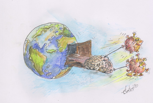 Cartoon: Out the Door (medium) by Erki Evestus tagged earth,virus,covid,19,corona,head,brain
