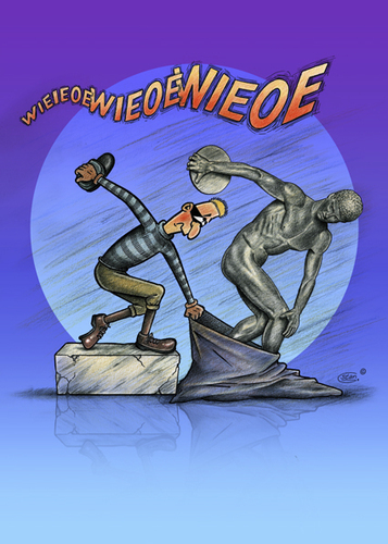 Cartoon: The Myron Case. (medium) by Stan Groenland tagged olympics,art,greek,history,sculptures,sports,thrower,discus,myron,cartoon