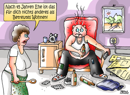 Cartoon: Betreutes Wohnen (medium) by besscartoon tagged mann,frau,beziehung,ehe,betreutes,wohnen,paar,liebe,bess,besscartoon